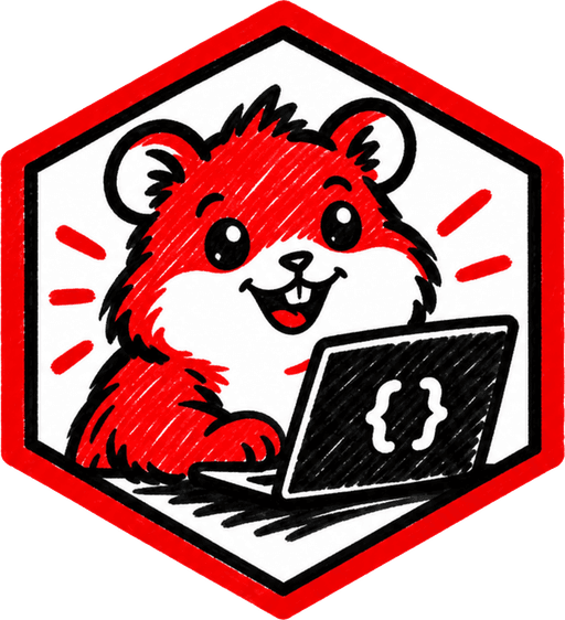 Smiling cartoon hamster coding on a laptop